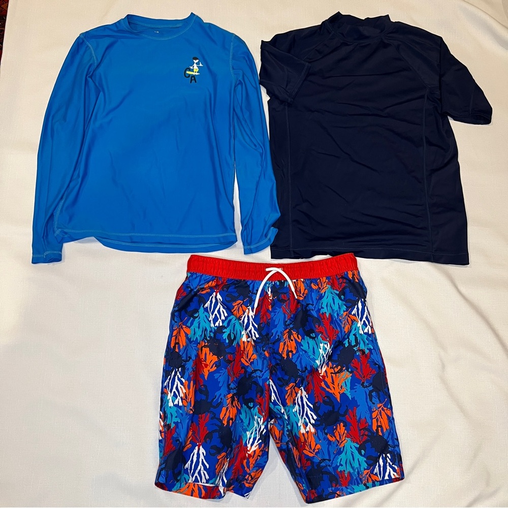 Lands End Swim Trunks Corral 14-16 Husky & 2 Blue Rashguards Gap Surf Bundle Lot